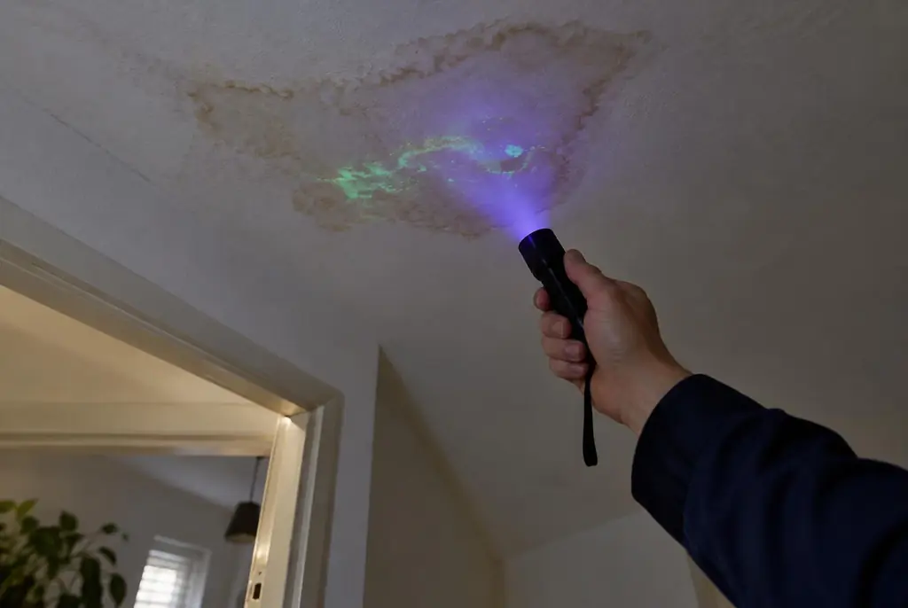 Lekdetectie Almelo – kleurstof controleren op het plafond met uv-licht