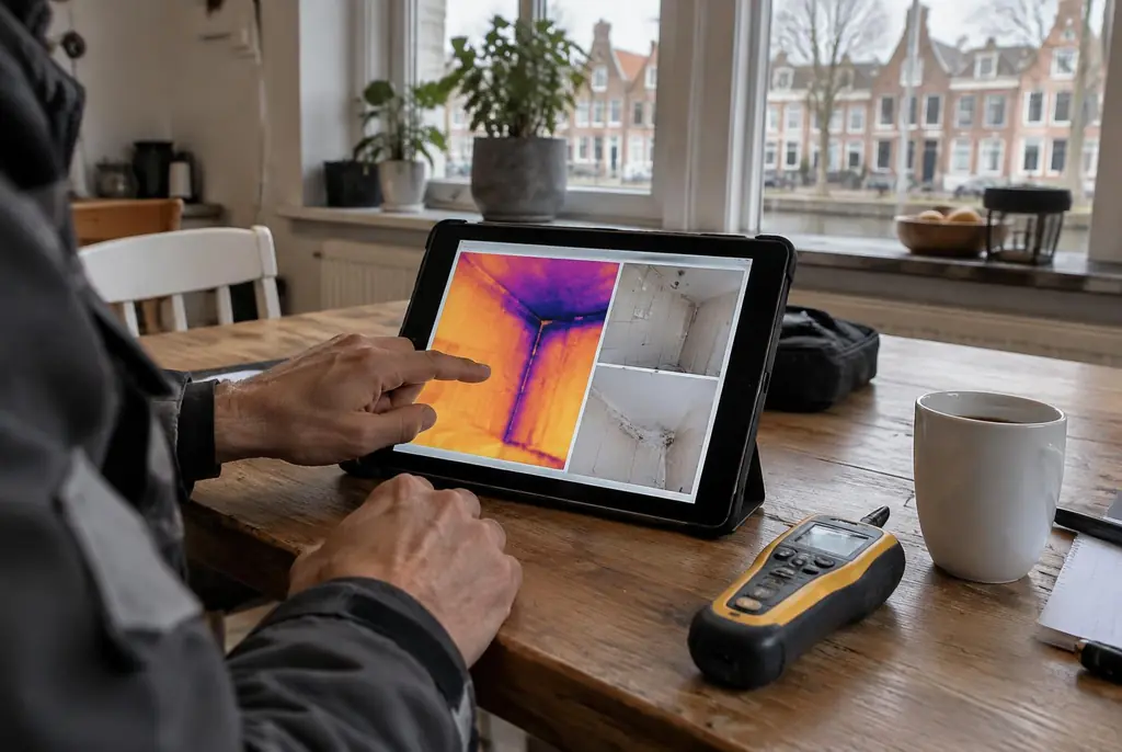 Lekdetectie Almelo – lekdetectierapport met warmtebeelden en foto's op een tablet