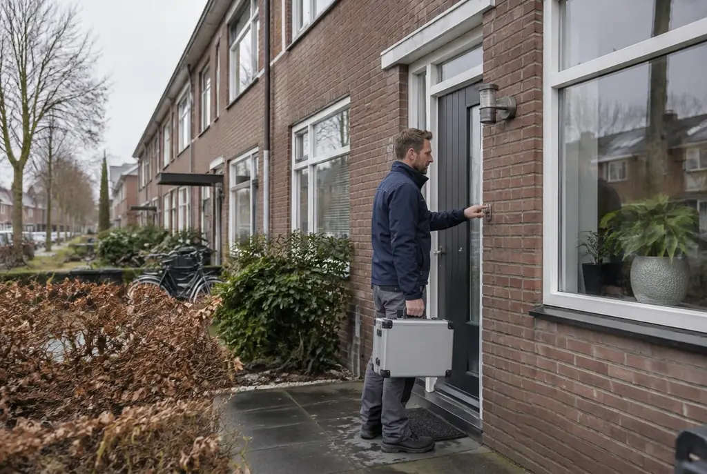 Lekdetectiespecialist met meetkoffer bij de voordeur van een woning in Almelo